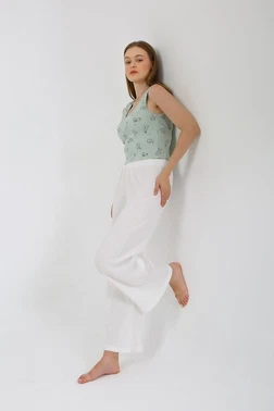 Akbeniz Bol Paça Pantolon Kalın Askılı Body 2li Kadın Takım Beyaz Akbeniz 4219